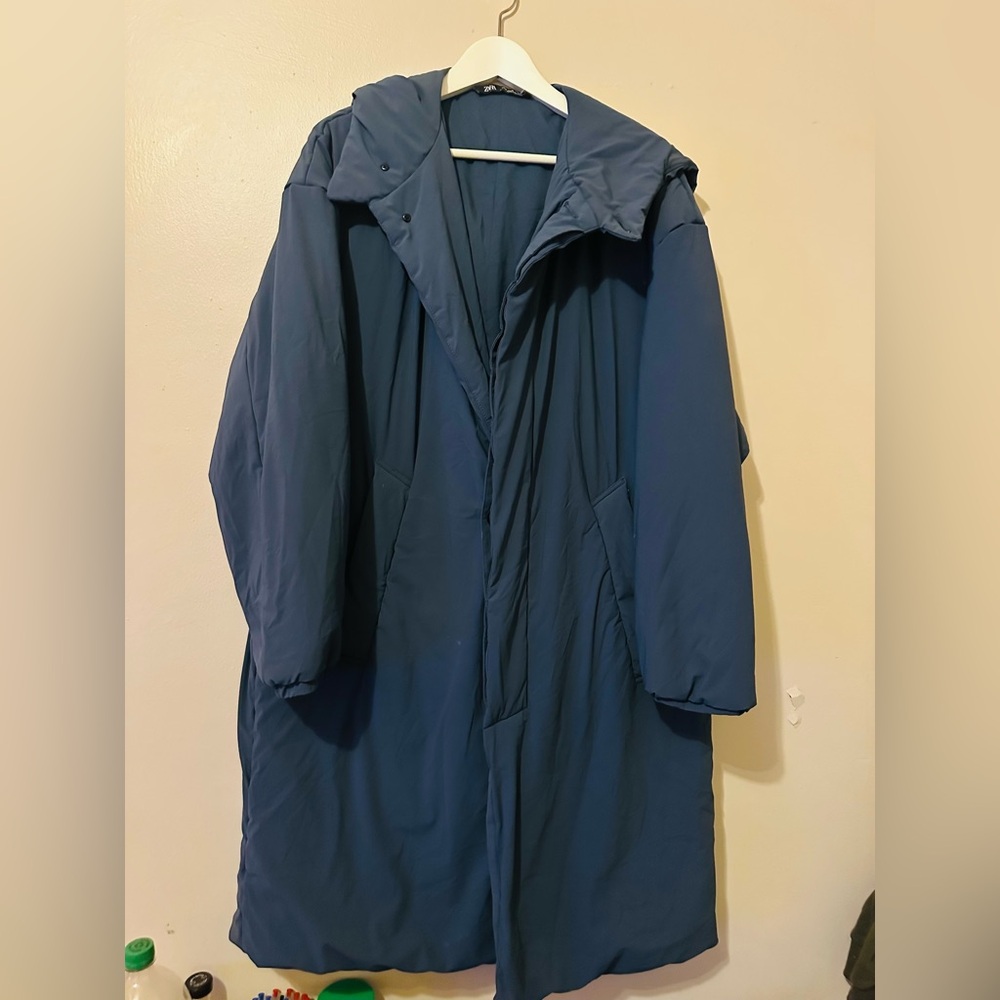 Zara Blue Medium Weight Puffer Padded Filled Hooded Button Down Coat Sz M